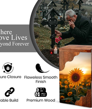 Wooden Cremation Urn – Sunflower Memorial Urn | Custom Wooden Urn for Human Ashes