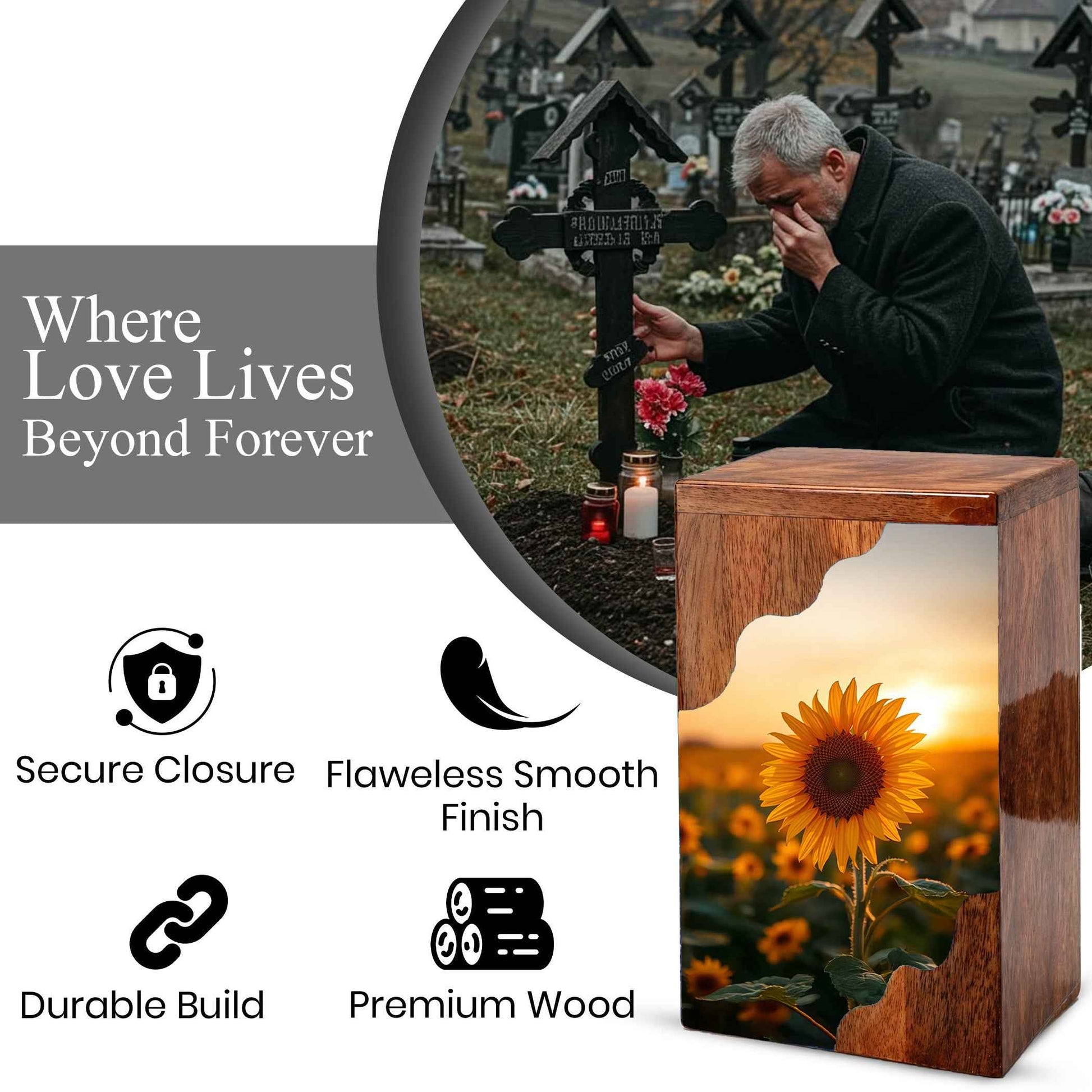 Wooden Cremation Urn – Sunflower Memorial Urn | Custom Wooden Urn for Human Ashes
