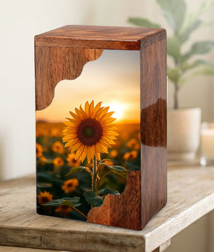 Wooden Cremation Urn – Sunflower Memorial Urn | Custom Wooden Urn for Human Ashes