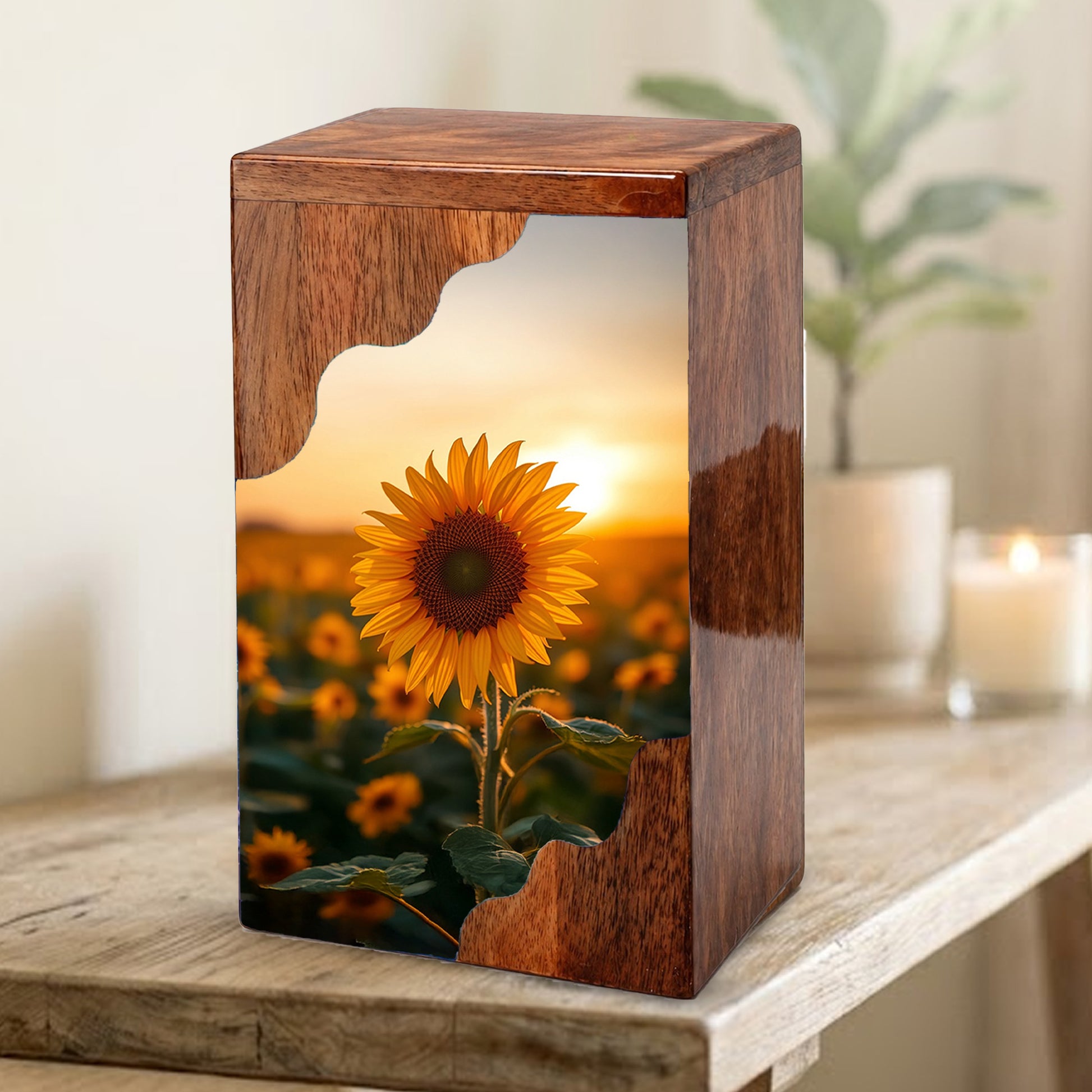 Wooden Cremation Urn – Sunflower Memorial Urn | Custom Wooden Urn for Human Ashes