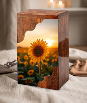 Wooden Cremation Urn – Sunflower Memorial Urn | Custom Wooden Urn for Human Ashes