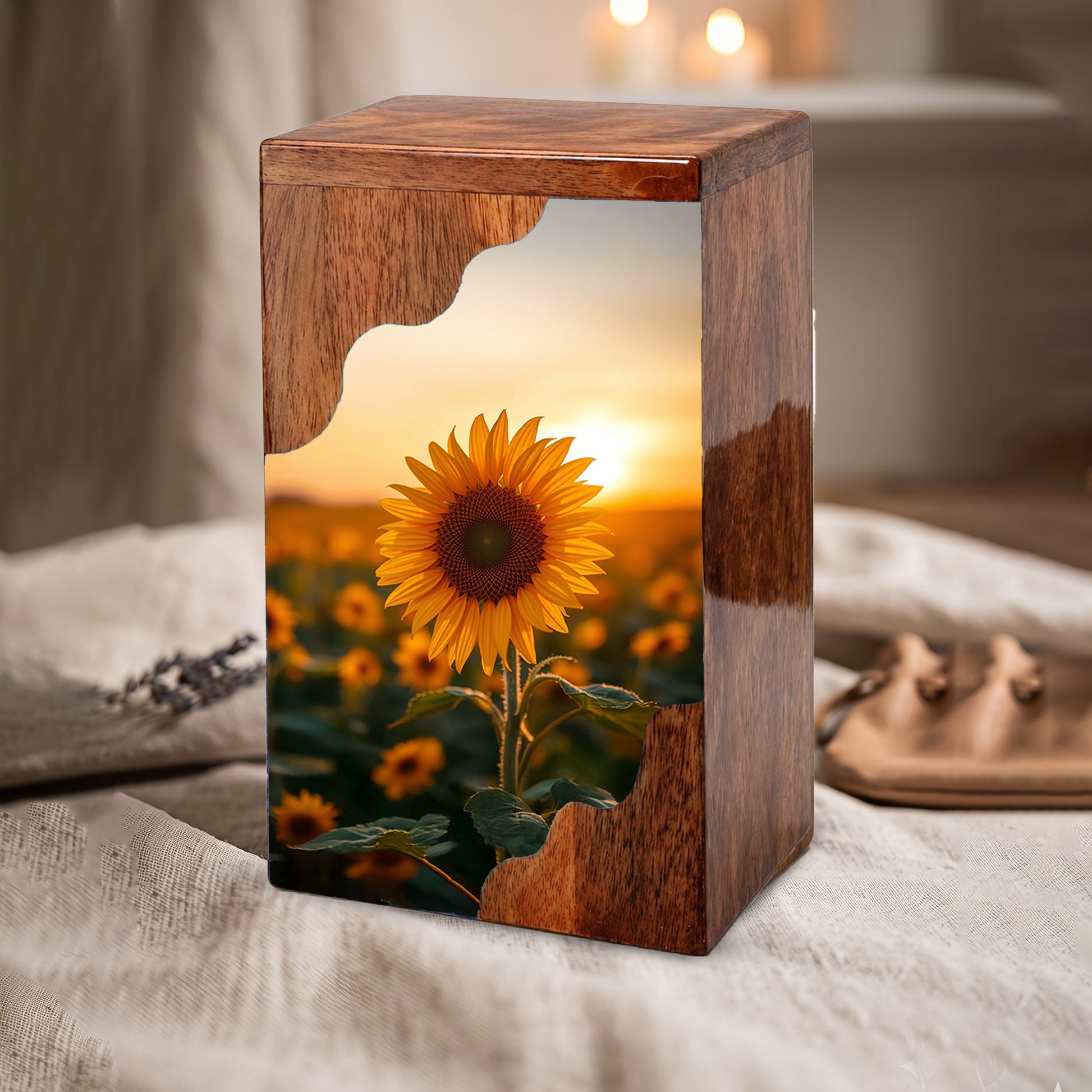Wooden Cremation Urn – Sunflower Memorial Urn | Custom Wooden Urn for Human Ashes
