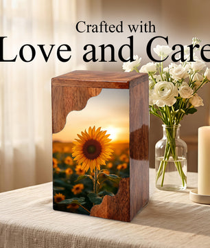 Wooden Cremation Urn – Sunflower Memorial Urn | Custom Wooden Urn for Human Ashes