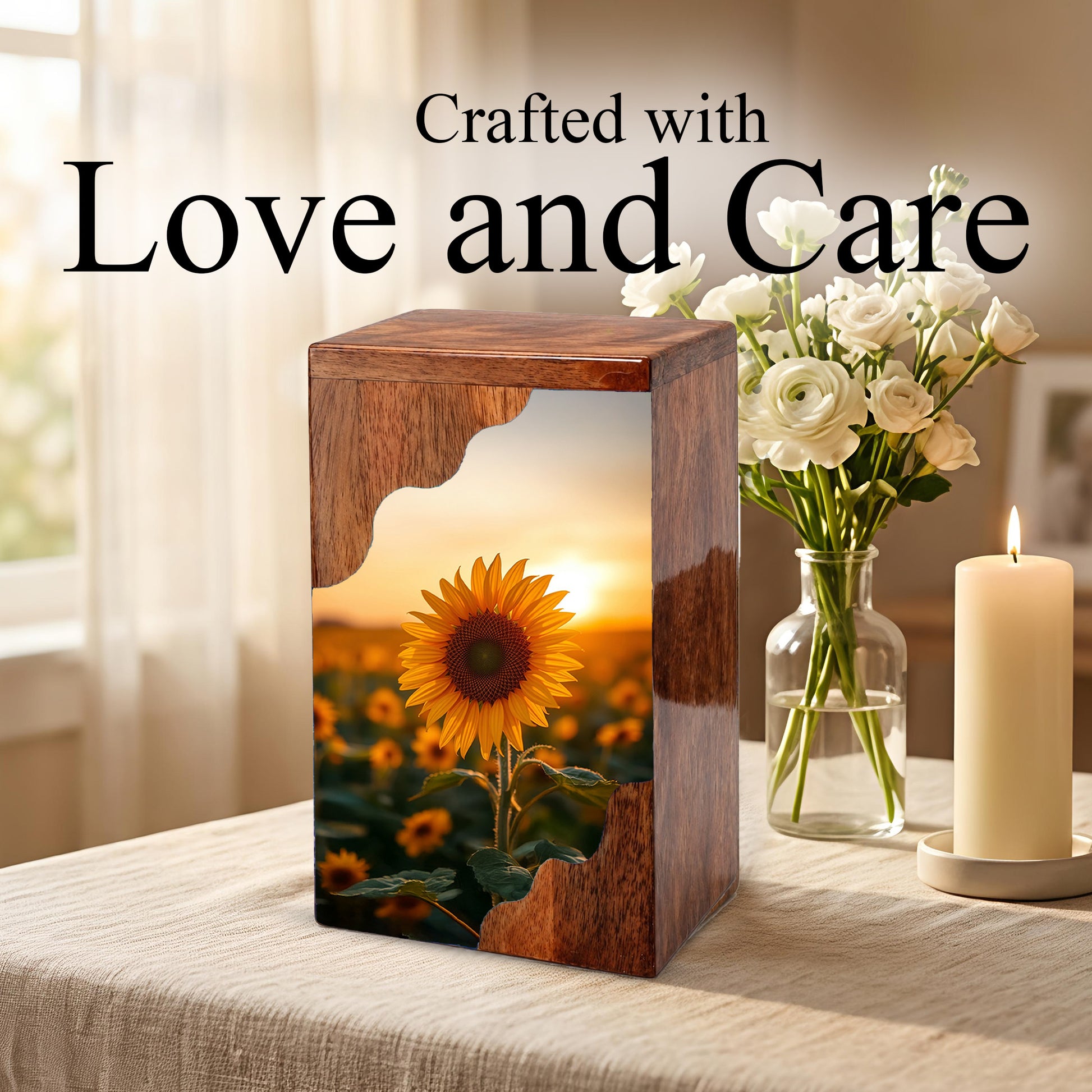 Wooden Cremation Urn – Sunflower Memorial Urn | Custom Wooden Urn for Human Ashes