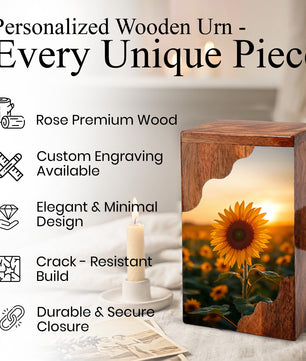 Wooden Cremation Urn – Sunflower Memorial Urn | Custom Wooden Urn for Human Ashes