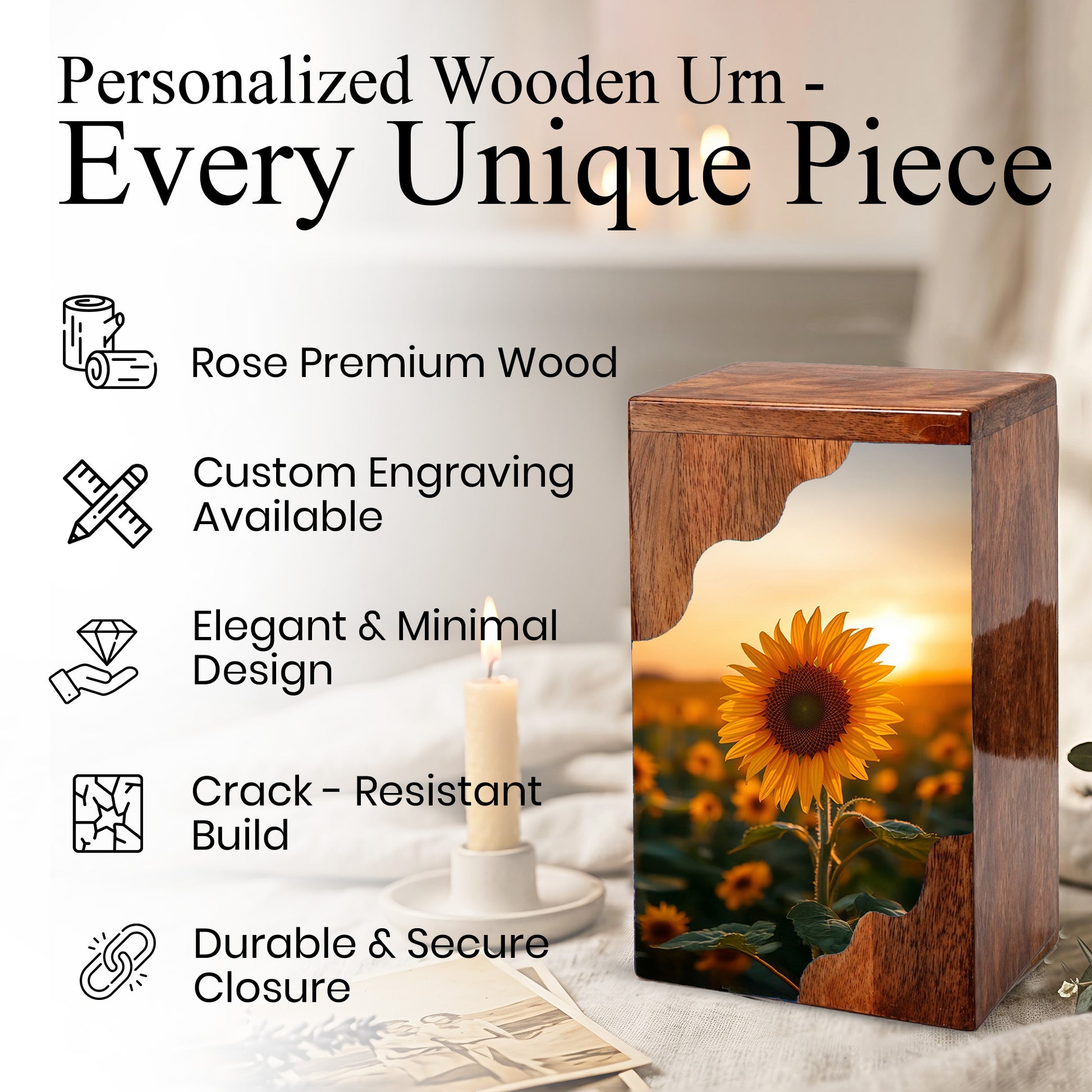 Wooden Cremation Urn – Sunflower Memorial Urn | Custom Wooden Urn for Human Ashes