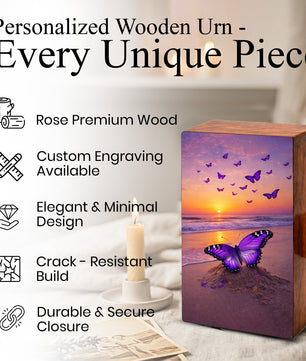 Purple Butterfly Urn For Ashes - Ocean Sunset Beach Keepsake Urns with Butterflies