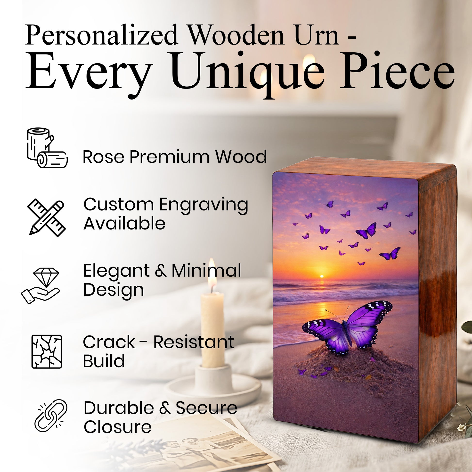 Purple Butterfly Urn For Ashes - Ocean Sunset Beach Keepsake Urns with Butterflies