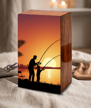 Father Son Fishing Wooden Cremation Urn - Sunset Memorial Urn for Dad