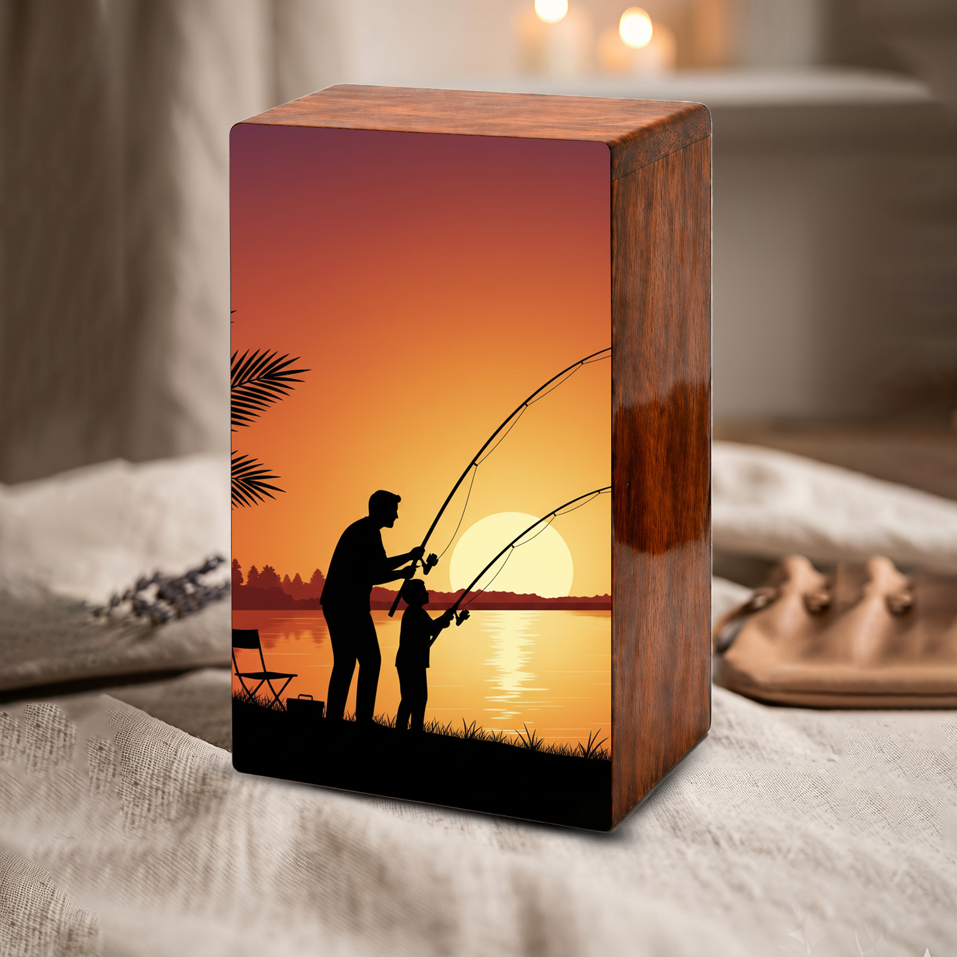 Father Son Fishing Wooden Cremation Urn - Sunset Memorial Urn for Dad