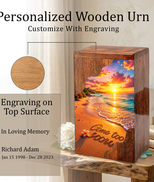 Beach Sunset Wooden Cremation Urn – Coastal Memorial Urn with Ocean Sunset