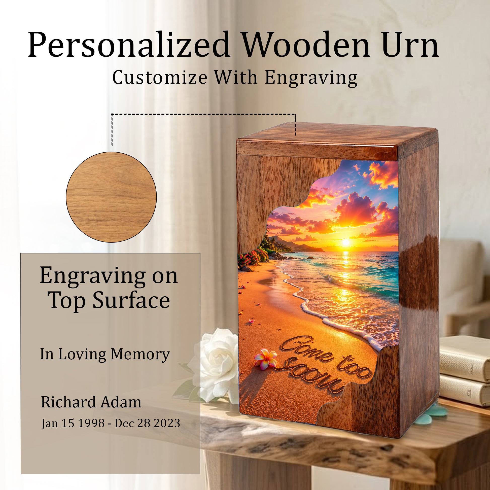 Beach Sunset Wooden Cremation Urn – Coastal Memorial Urn with Ocean Sunset