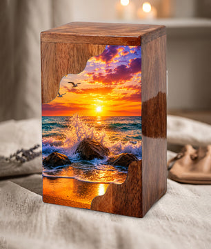 Ocean Sunset Wooden Cremation Urn – Coastal Memorial Urn with Peaceful Wave