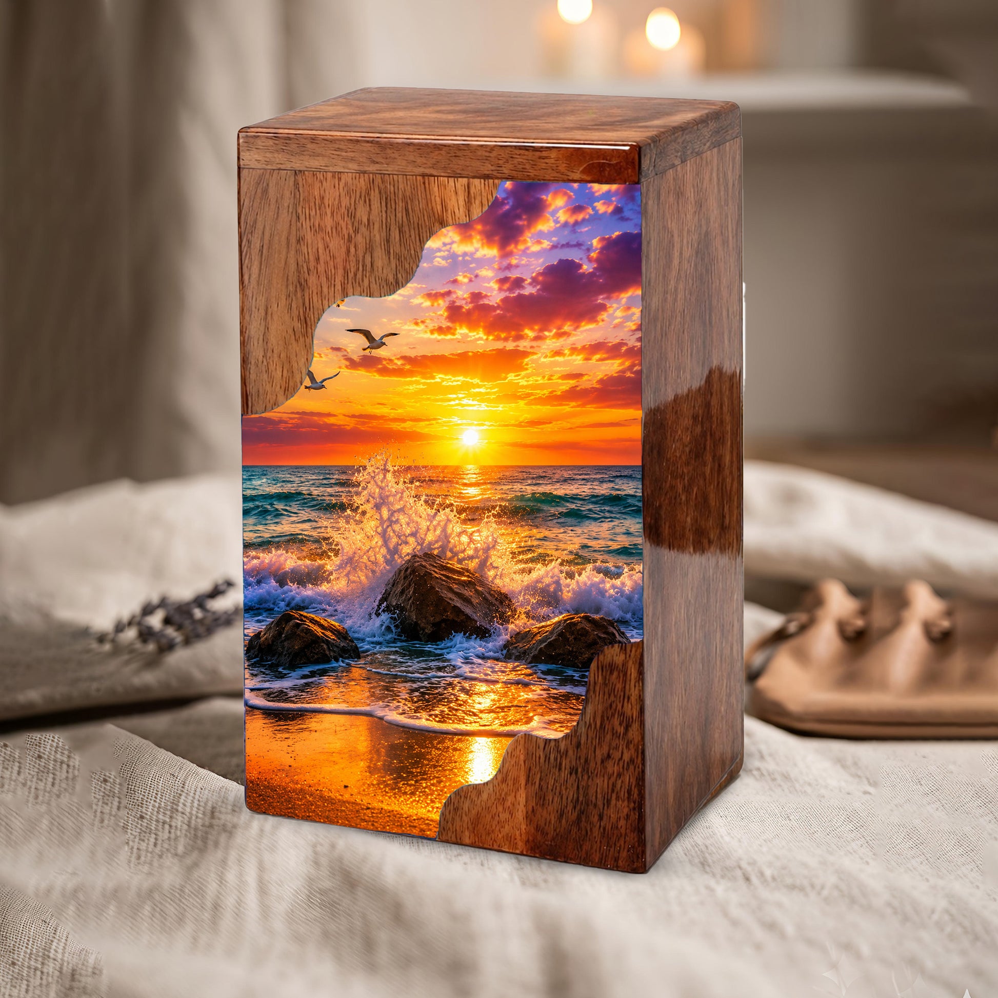 Ocean Sunset Wooden Cremation Urn – Coastal Memorial Urn with Peaceful Wave