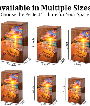 Beach Sunset Wooden Cremation Urn – Coastal Memorial Urn with Ocean Sunset