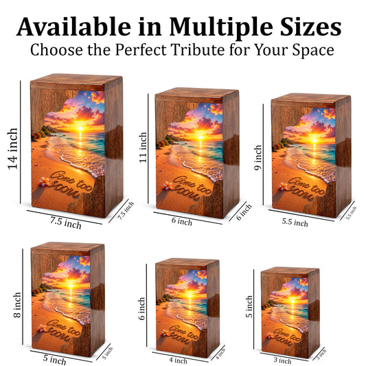 Beach Sunset Wooden Cremation Urn – Coastal Memorial Urn with Ocean Sunset