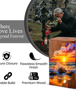 Ocean Sunset Wooden Cremation Urn – Coastal Memorial Urn with Peaceful Wave