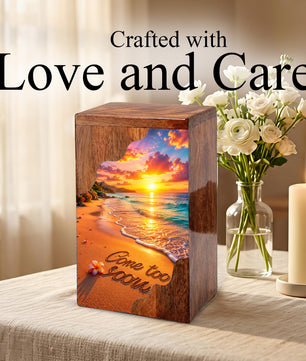Beach Sunset Wooden Cremation Urn – Coastal Memorial Urn with Ocean Sunset