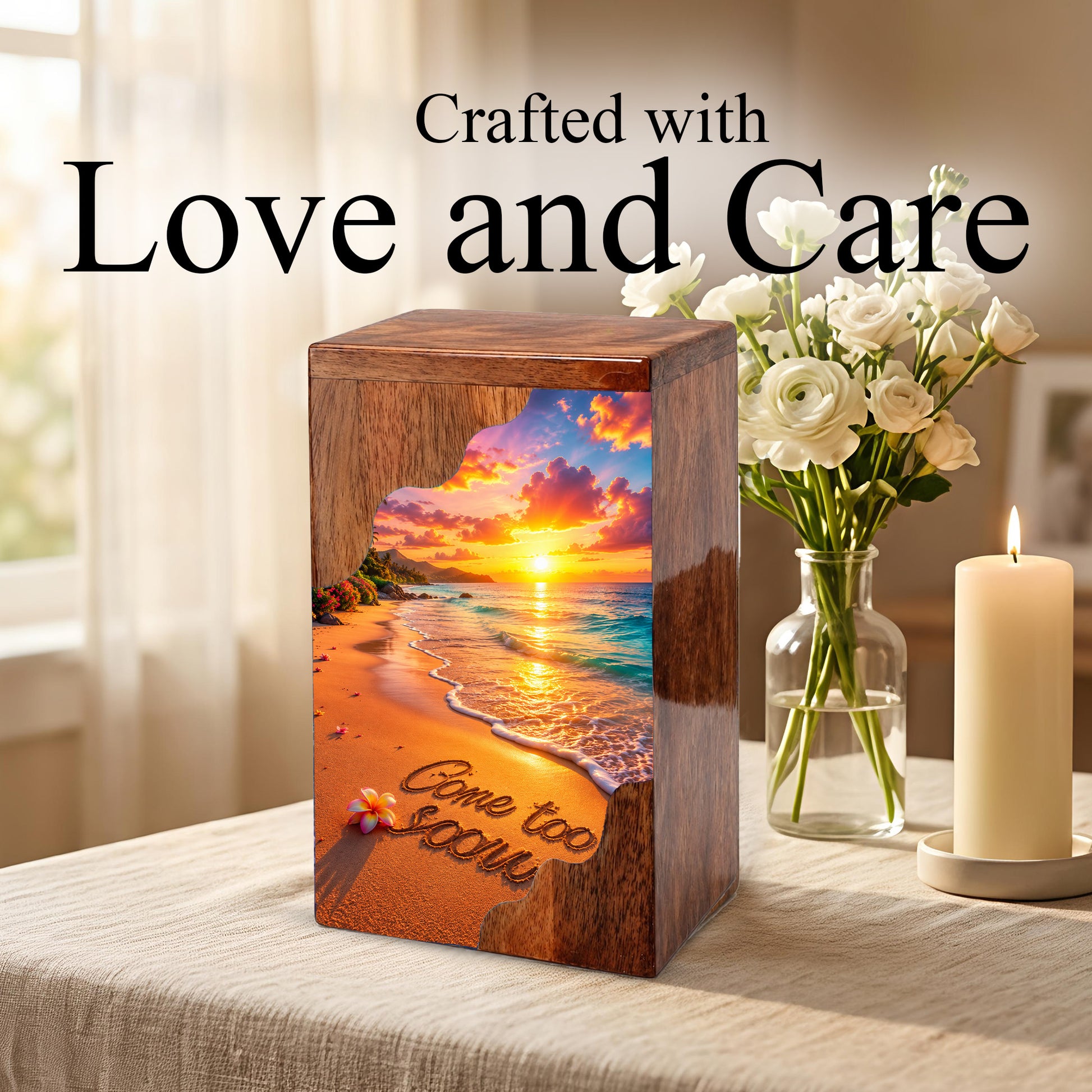 Beach Sunset Wooden Cremation Urn – Coastal Memorial Urn with Ocean Sunset
