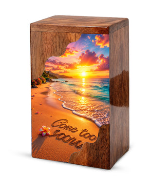 Beach Sunset Wooden Cremation Urn – Coastal Memorial Urn with Ocean Sunset