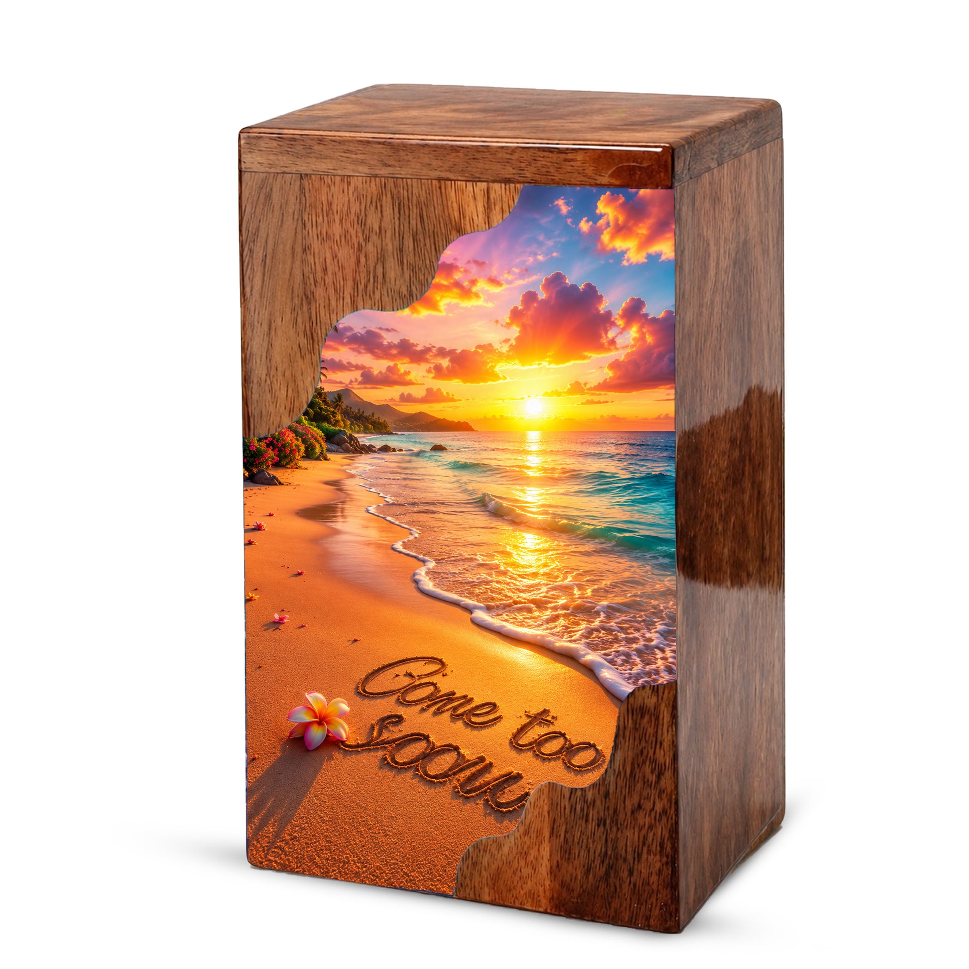 Beach Sunset Wooden Cremation Urn – Coastal Memorial Urn with Ocean Sunset