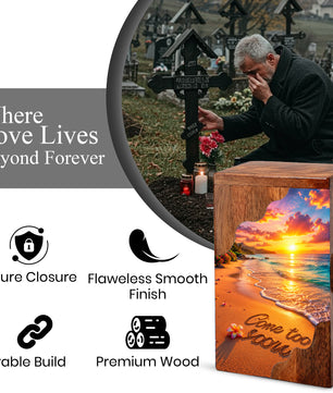 Beach Sunset Wooden Cremation Urn – Coastal Memorial Urn with Ocean Sunset