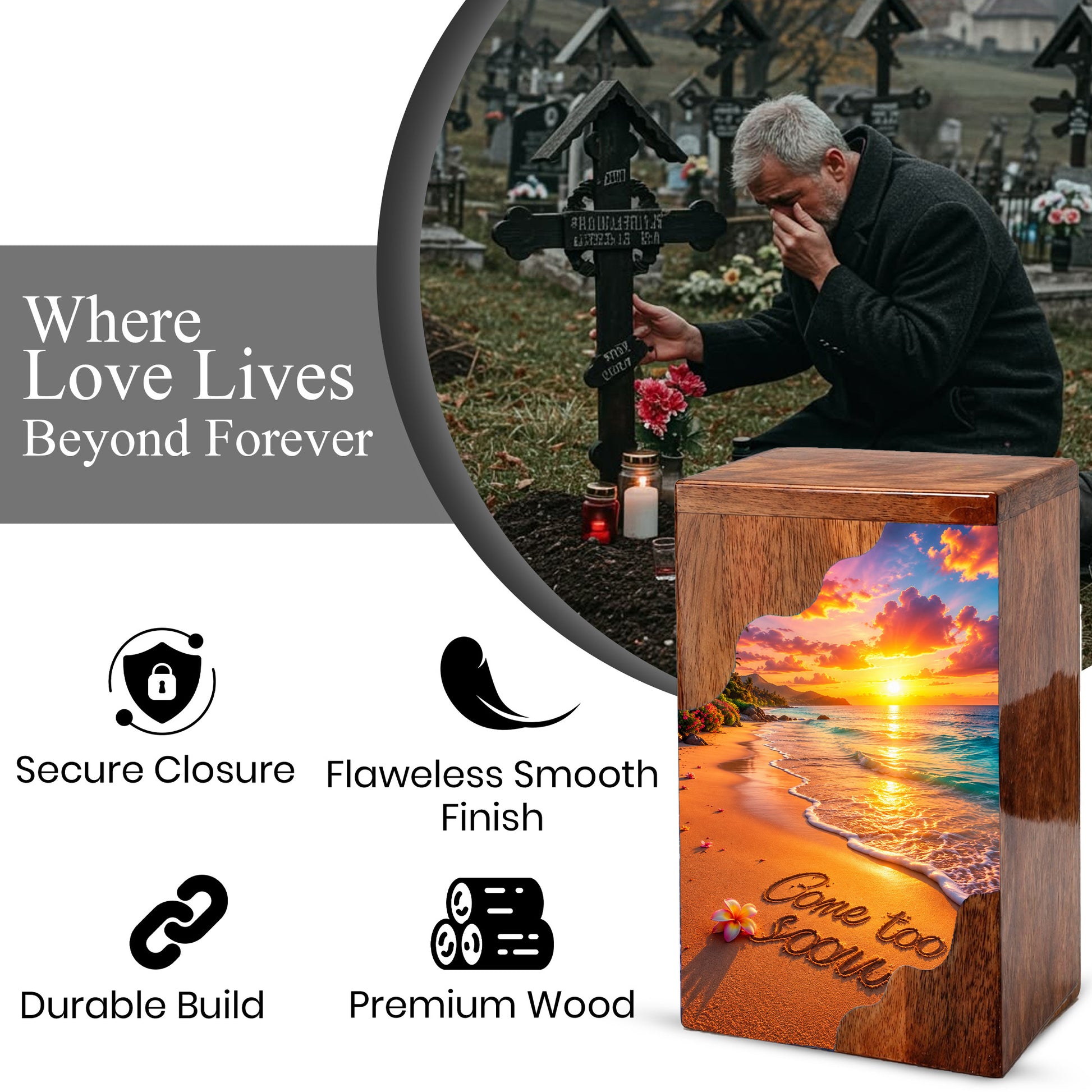 Beach Sunset Wooden Cremation Urn – Coastal Memorial Urn with Ocean Sunset