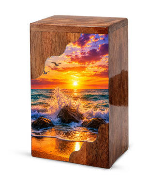 Ocean Sunset Wooden Cremation Urn – Coastal Memorial Urn with Peaceful Wave