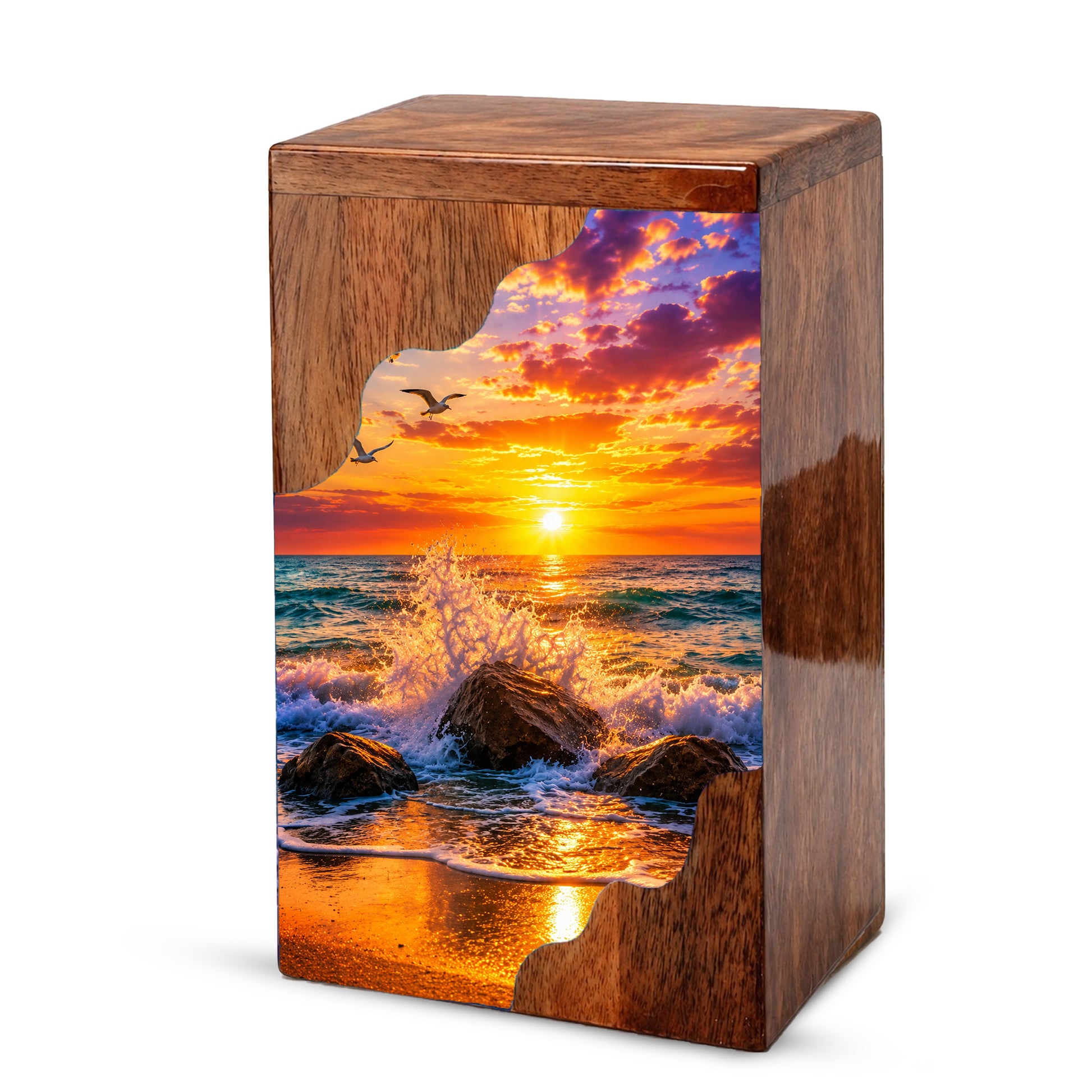 Ocean Sunset Wooden Cremation Urn – Coastal Memorial Urn with Peaceful Wave