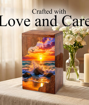 Ocean Sunset Wooden Cremation Urn – Coastal Memorial Urn with Peaceful Wave