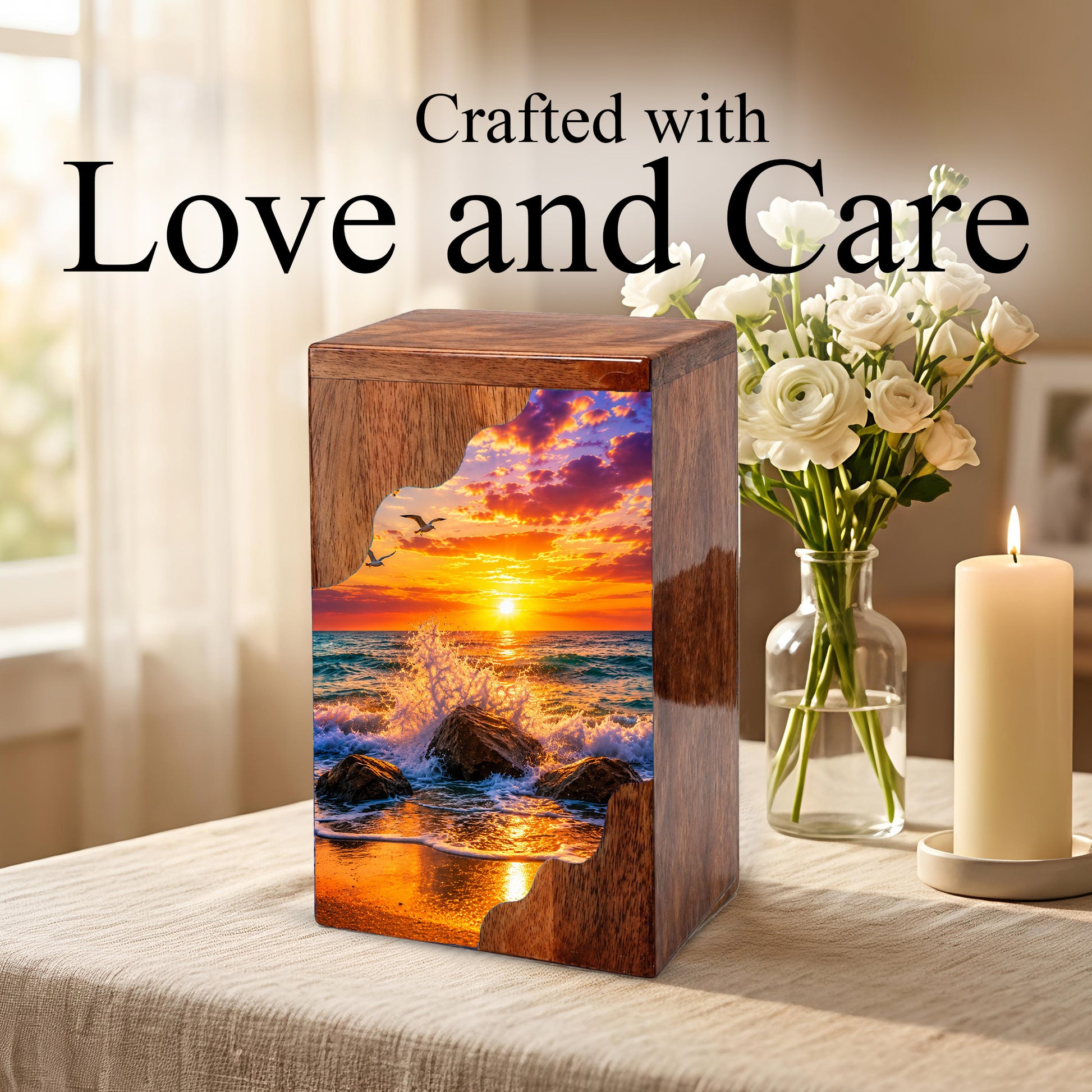 Ocean Sunset Wooden Cremation Urn – Coastal Memorial Urn with Peaceful Wave