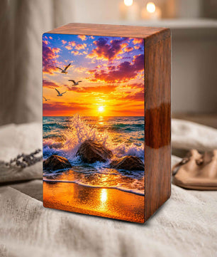 Ocean Wave Cremation Urn – Sunset Beach Wooden Urn Box for Human Ashes