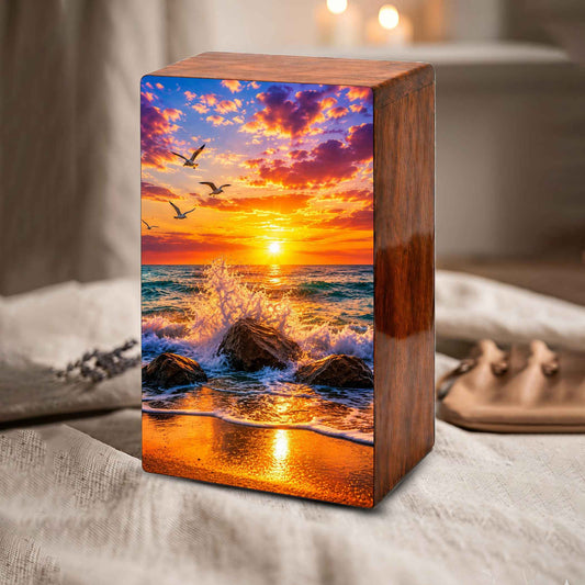 Ocean Wave Cremation Urn – Sunset Beach Wooden Urn Box for Human Ashes