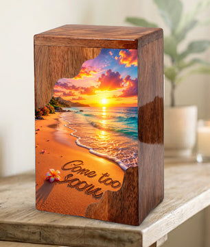 Beach Sunset Wooden Cremation Urn – Coastal Memorial Urn with Ocean Sunset