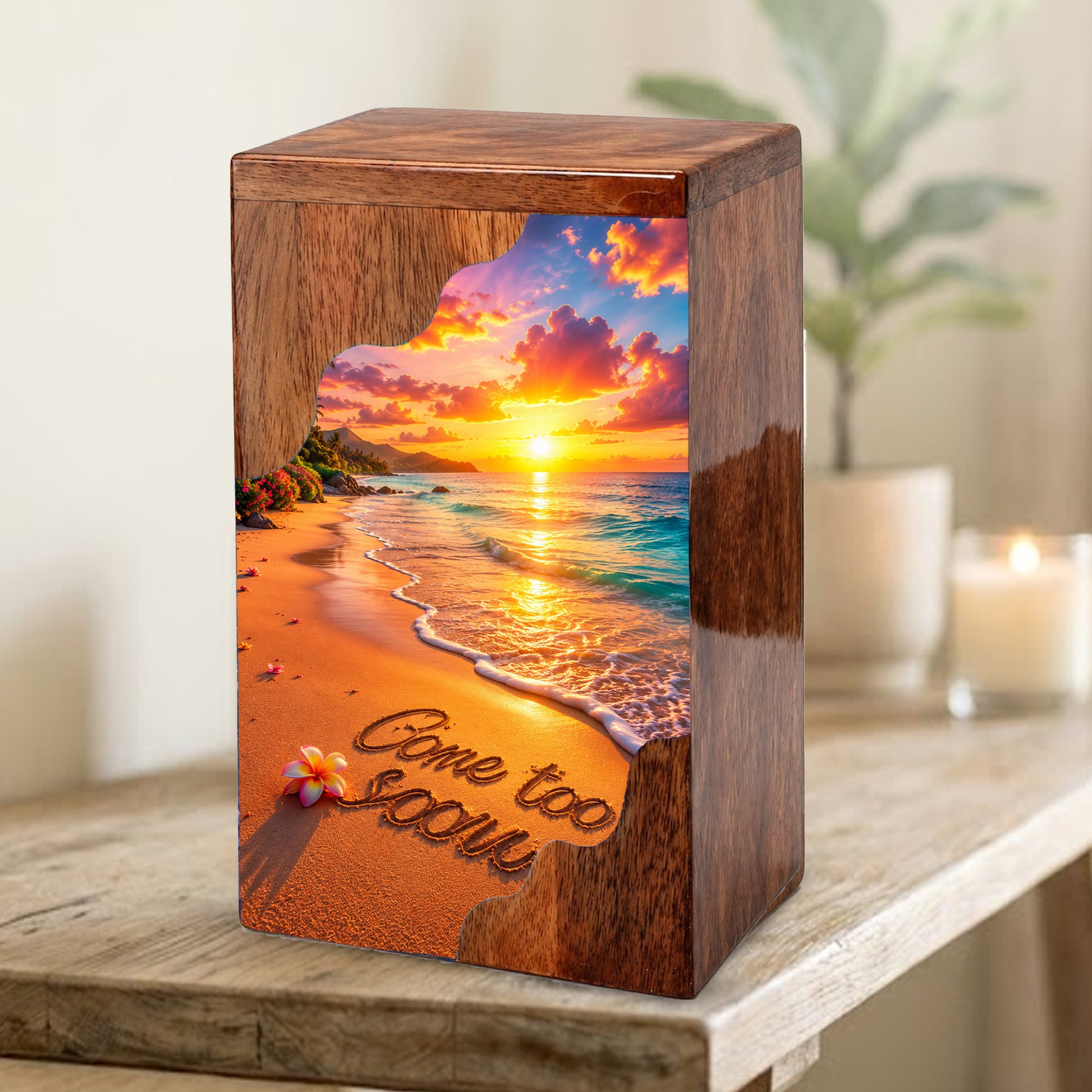 Beach Sunset Wooden Cremation Urn – Coastal Memorial Urn with Ocean Sunset