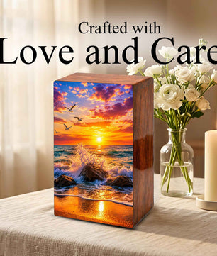 Ocean Wave Cremation Urn – Sunset Beach Wooden Urn Box for Human Ashes