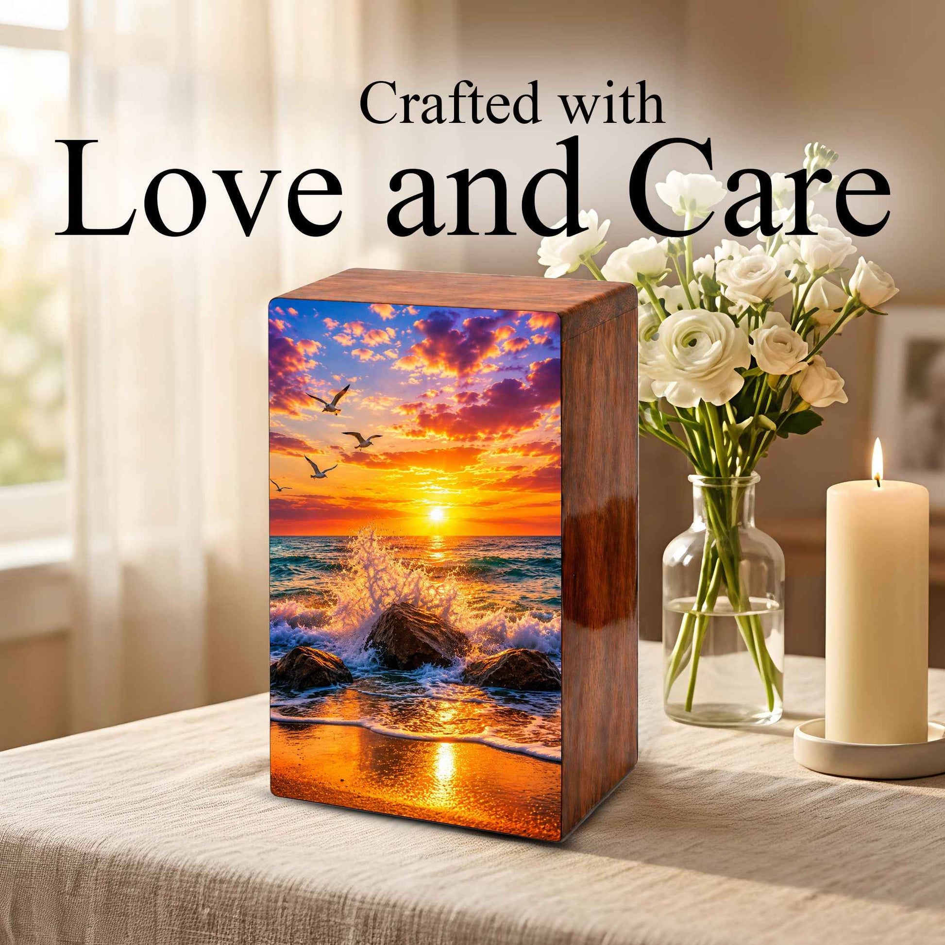 Ocean Wave Cremation Urn – Sunset Beach Wooden Urn Box for Human Ashes