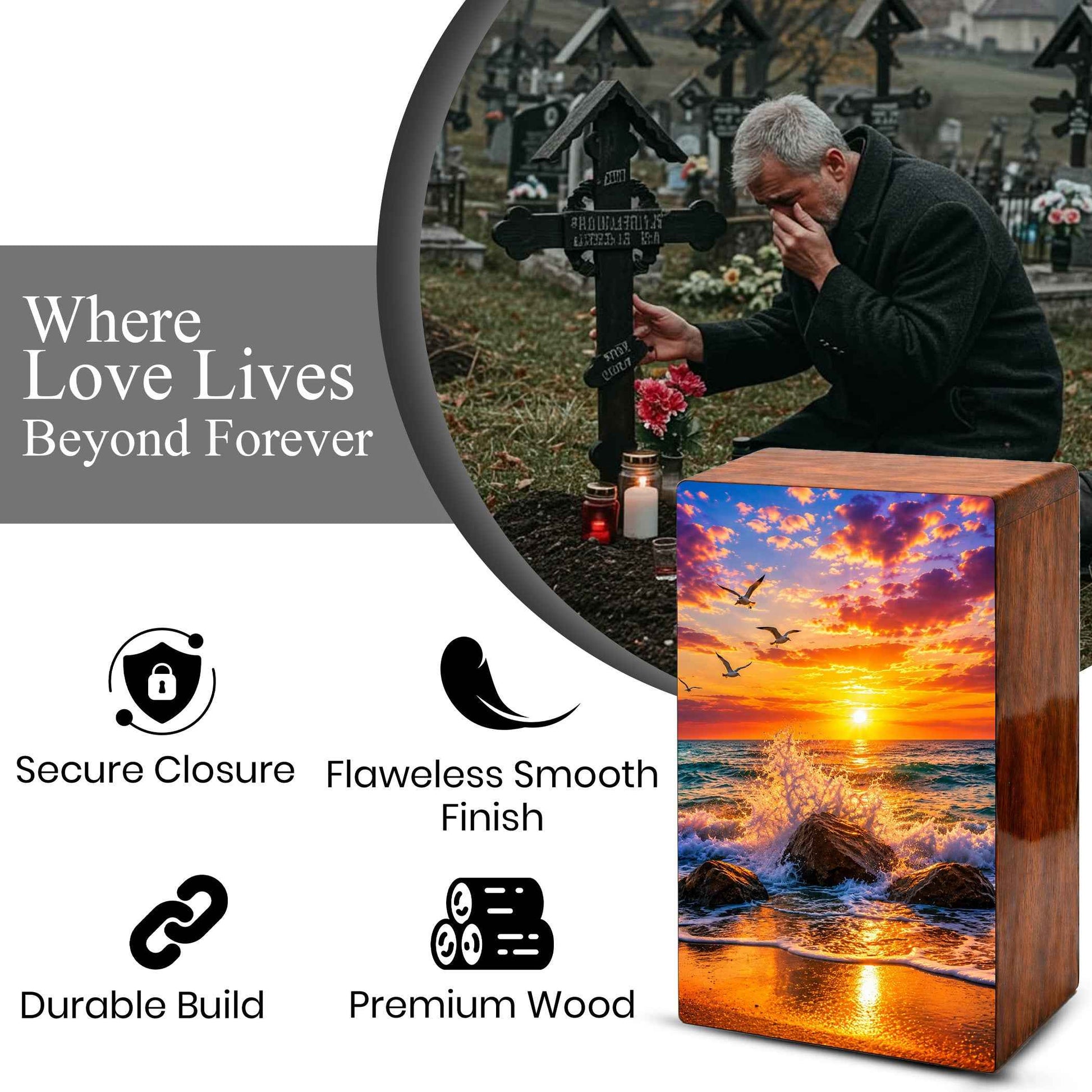 Ocean Wave Cremation Urn – Sunset Beach Wooden Urn Box for Human Ashes