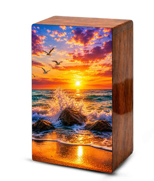 Ocean Wave Cremation Urn – Sunset Beach Wooden Urn Box for Human Ashes
