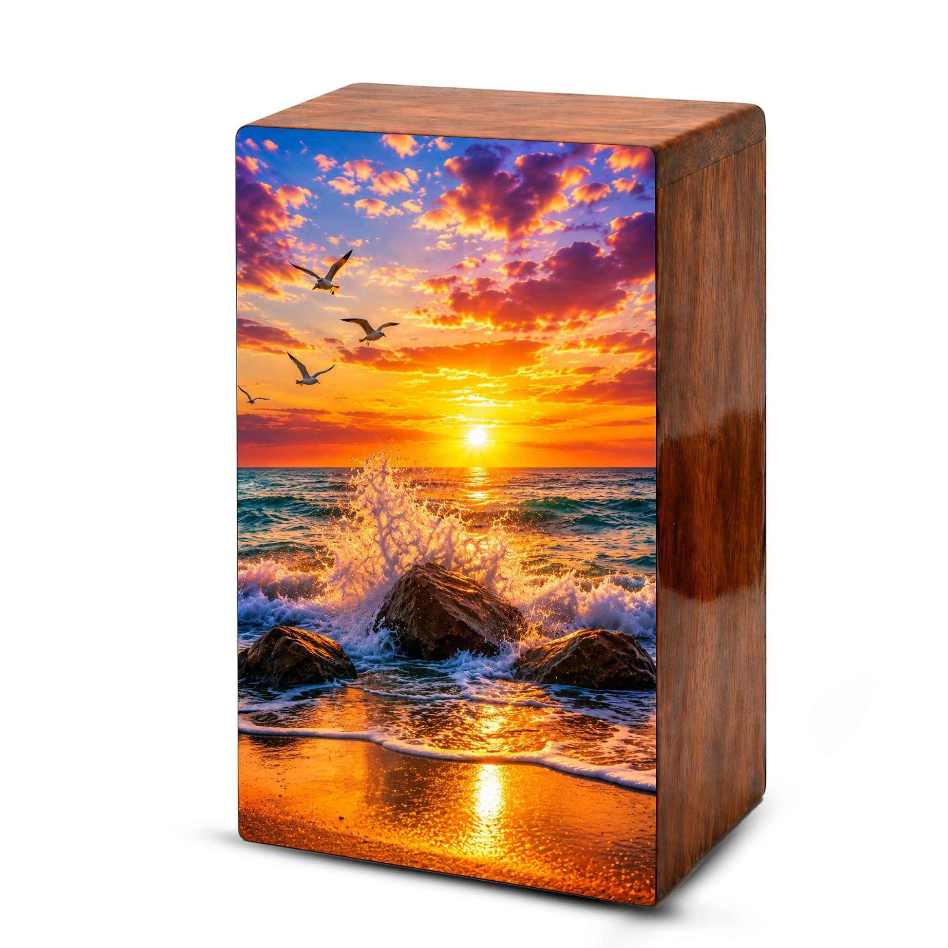 Ocean Wave Cremation Urn – Sunset Beach Wooden Urn Box for Human Ashes