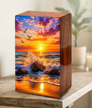 Ocean Wave Cremation Urn – Sunset Beach Wooden Urn Box for Human Ashes