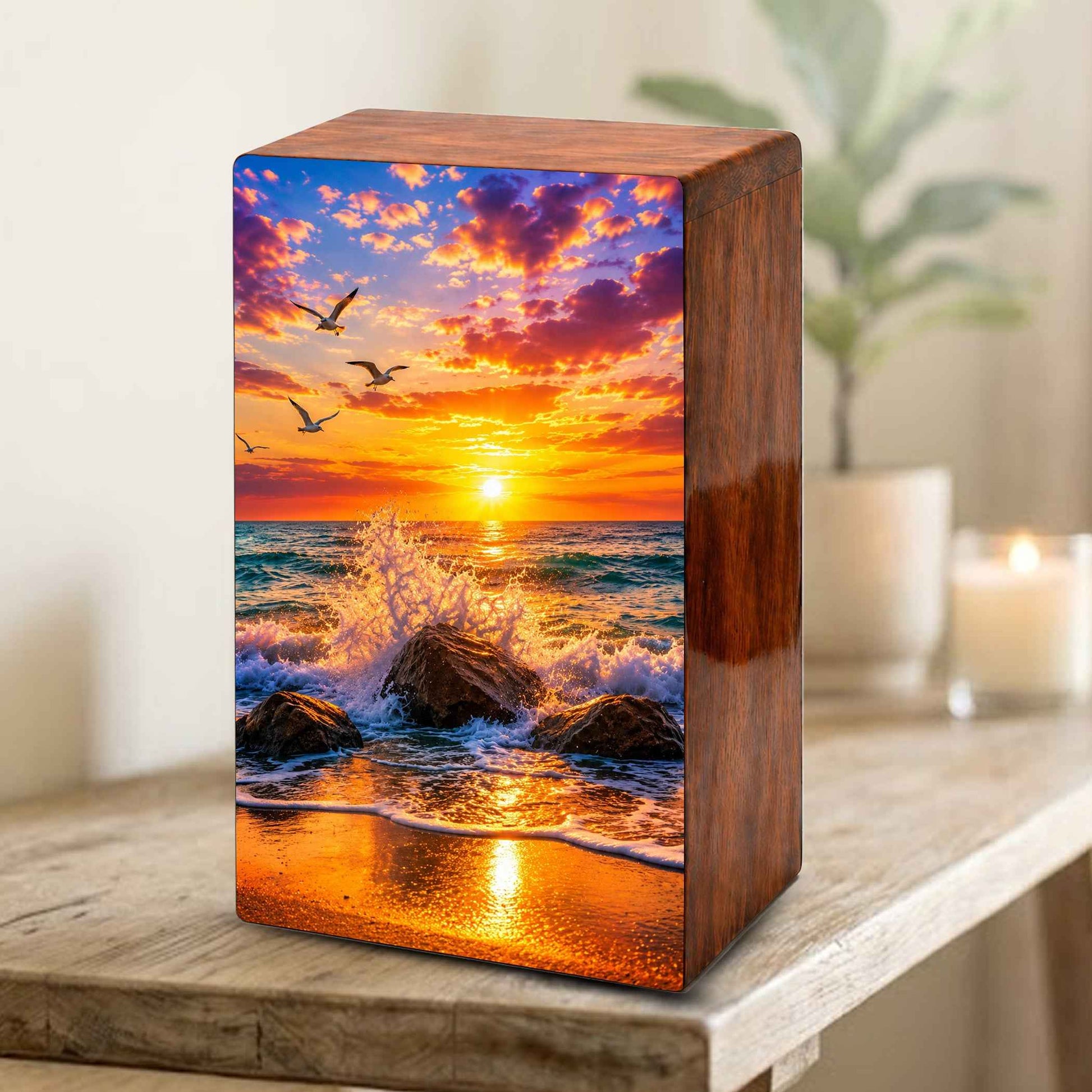 Ocean Wave Cremation Urn – Sunset Beach Wooden Urn Box for Human Ashes