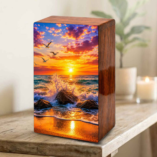Ocean Wave Cremation Urn – Sunset Beach Wooden Urn Box for Human Ashes