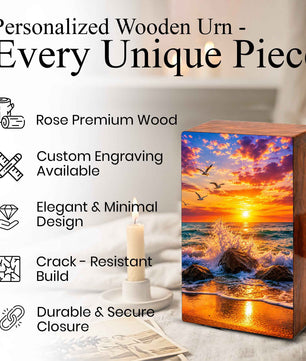 Ocean Wave Cremation Urn – Sunset Beach Wooden Urn Box for Human Ashes