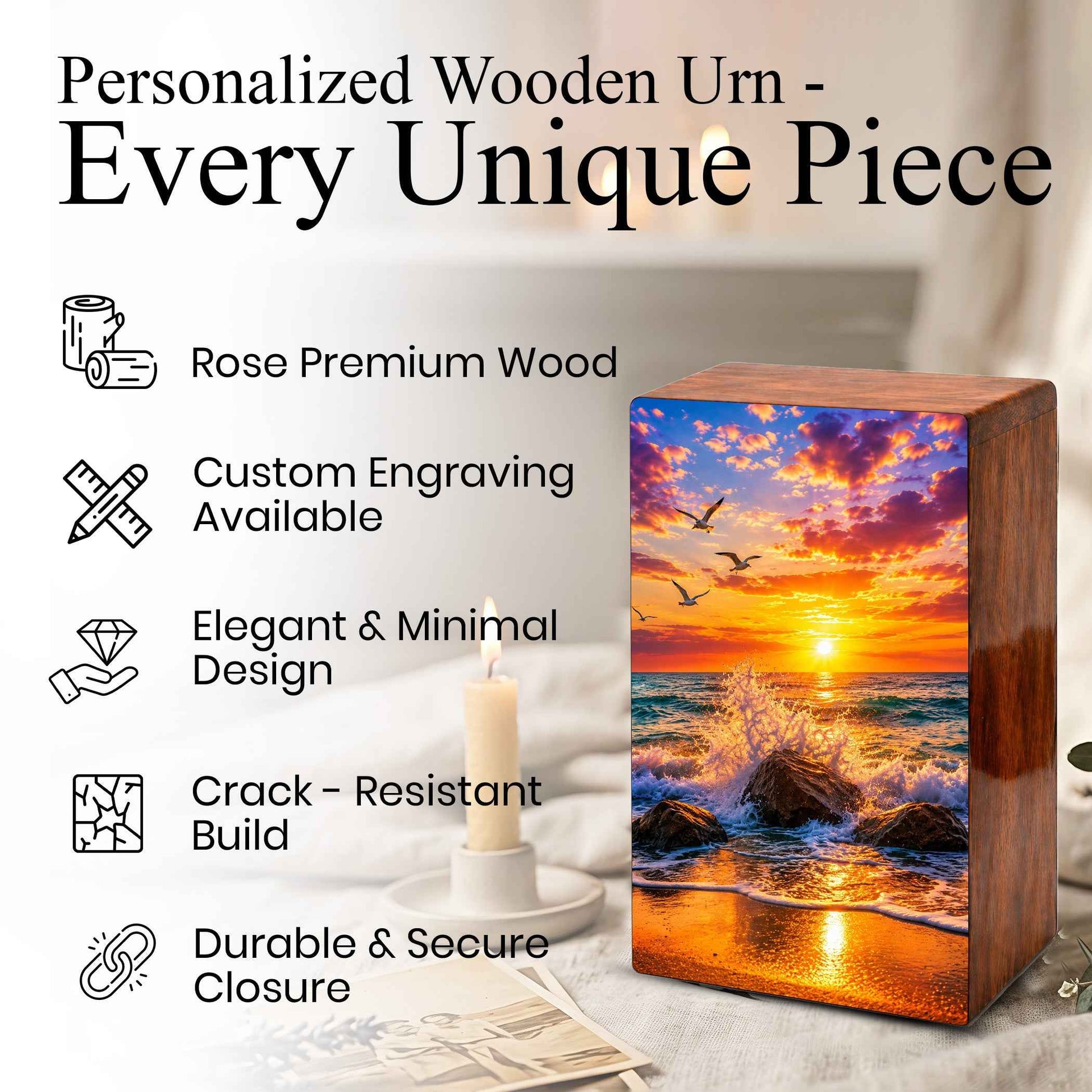 Ocean Wave Cremation Urn – Sunset Beach Wooden Urn Box for Human Ashes