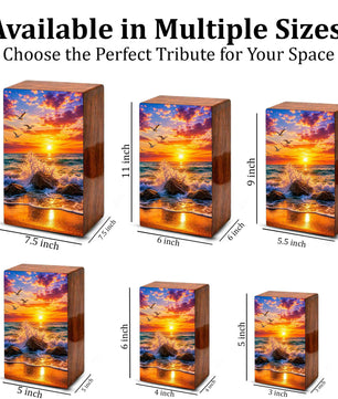 Ocean Wave Cremation Urn – Sunset Beach Wooden Urn Box for Human Ashes
