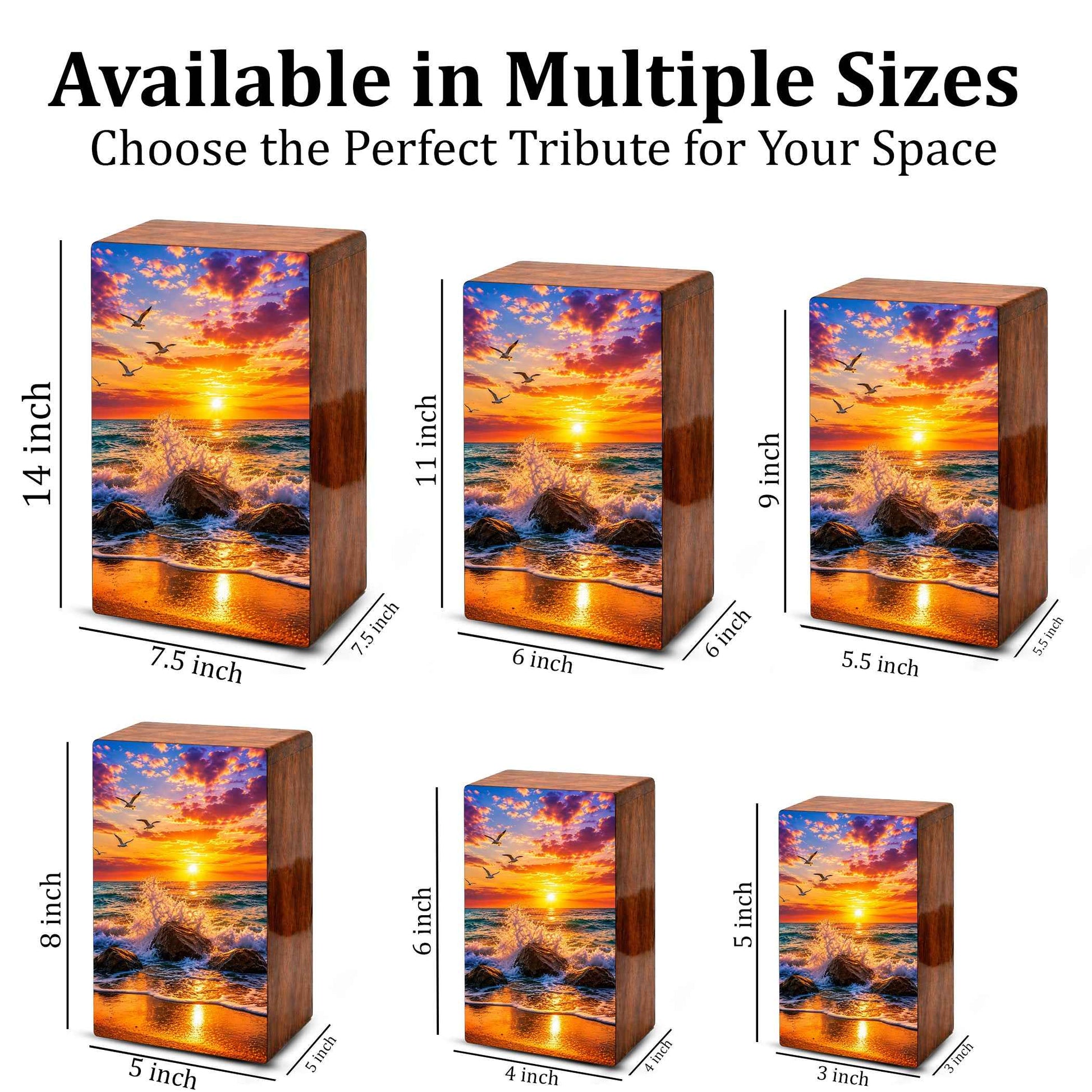 Ocean Wave Cremation Urn – Sunset Beach Wooden Urn Box for Human Ashes