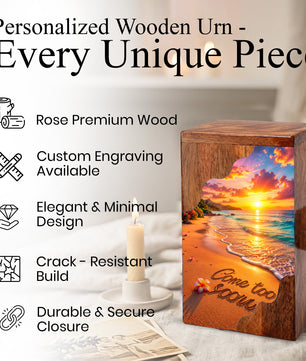 Beach Sunset Wooden Cremation Urn – Coastal Memorial Urn with Ocean Sunset