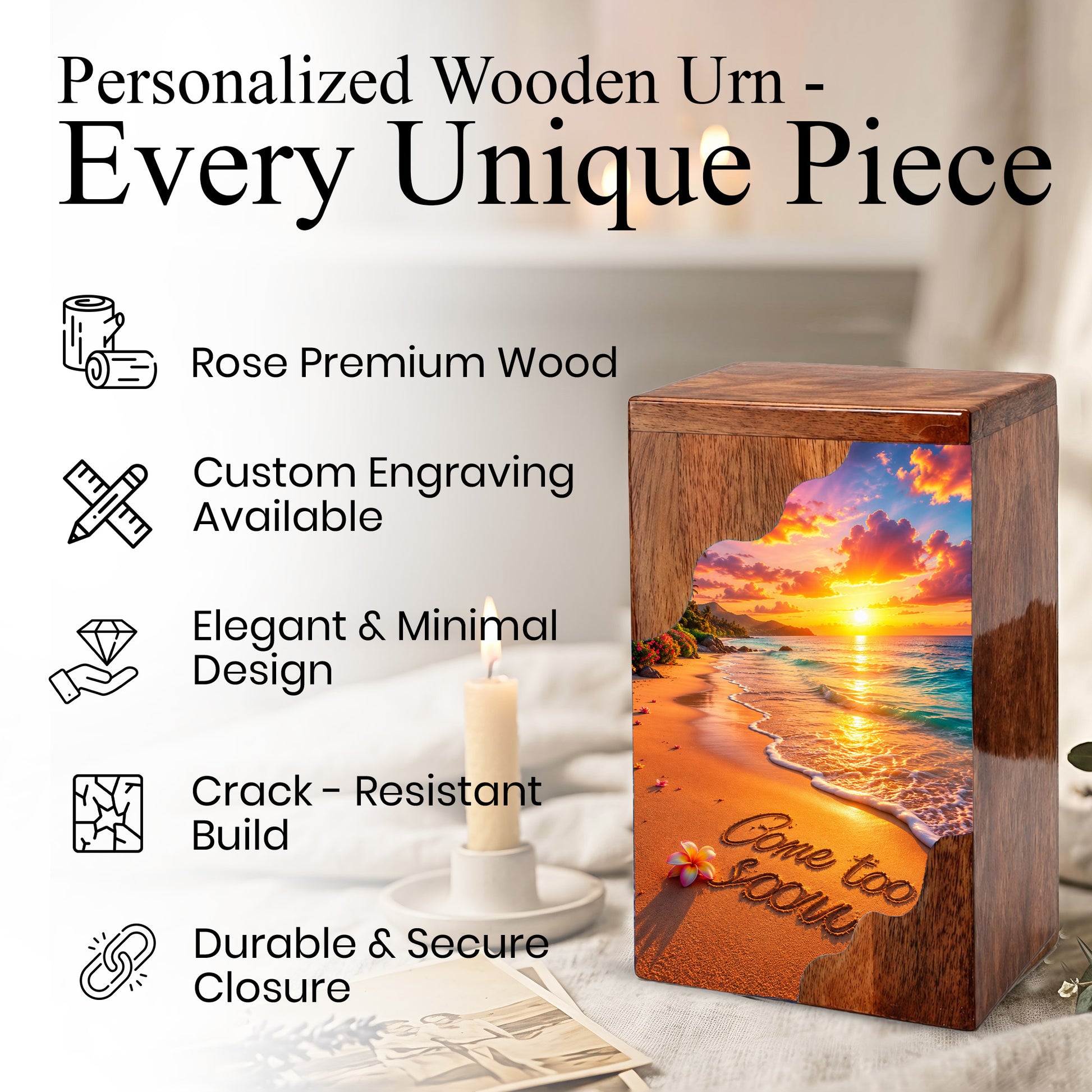 Beach Sunset Wooden Cremation Urn – Coastal Memorial Urn with Ocean Sunset