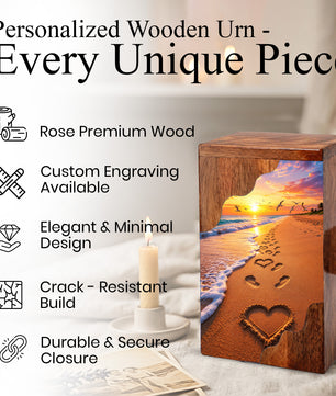 Beach Sunset Wooden Cremation Urn – Ocean Memorial Urn with Footprints in the Sand